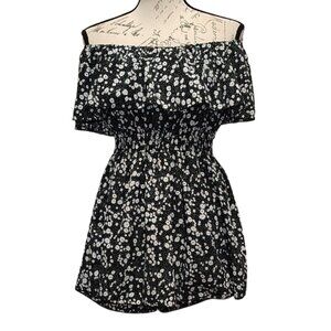 Ditsy Floral Off Shoulder Romper Shirred Waist Ruffle Neck Boho Romantic Dainty